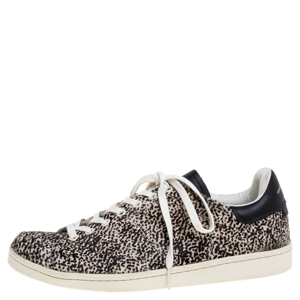 

Isabel Marant Beige Leopard Print Calfhair and Leather Low Top Sneakers Size