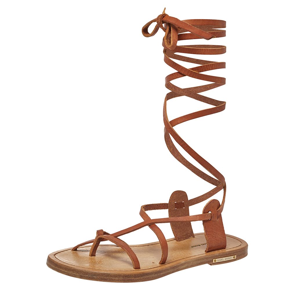 Pre-owned Isabel Marant Tan Leather Amy Lace-up Flat Sandals Size 35
