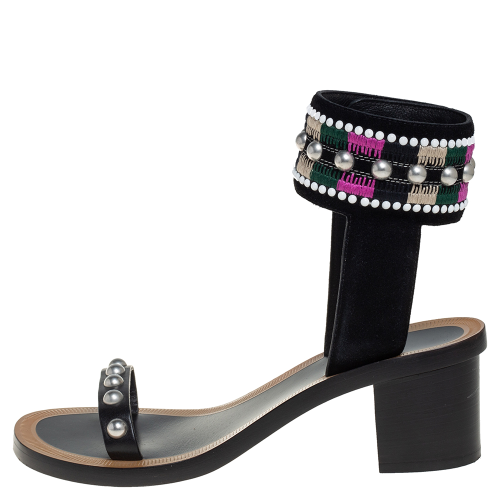 

Isabel Marant Black Leather And Suede Embellished Joss Ankle Cuff Sandals Size