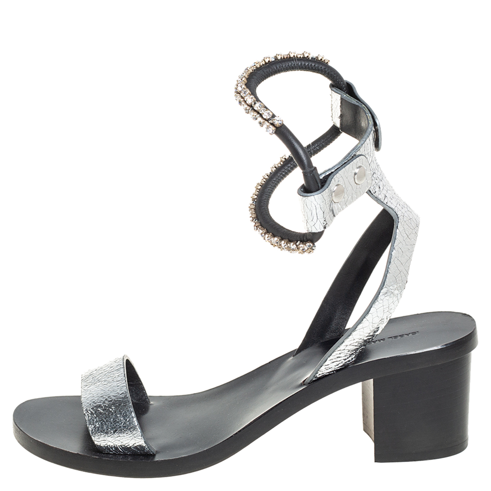 

Isabel Marant Silver Crackle Leather Crystal Embellished Ankle Strap Sandals Size