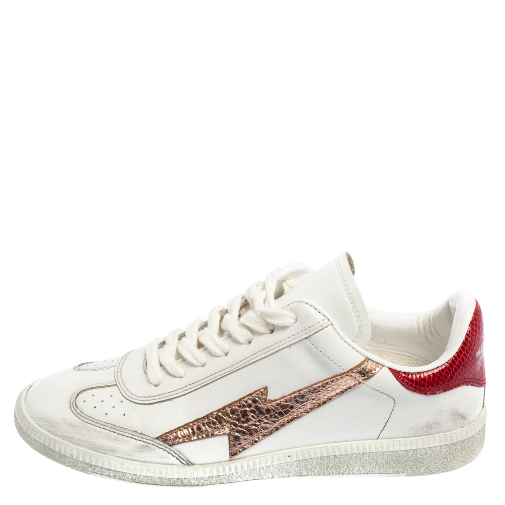 

Isabel Marant White/Red Distressed Leather Bryce Low Top Sneakers Size