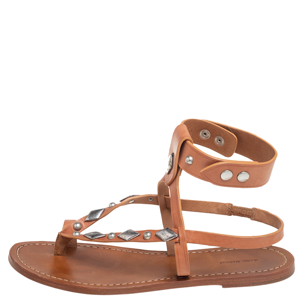 

Isabel Marant Tan Studded Leather Ankle Strap Flat Sandals Size
