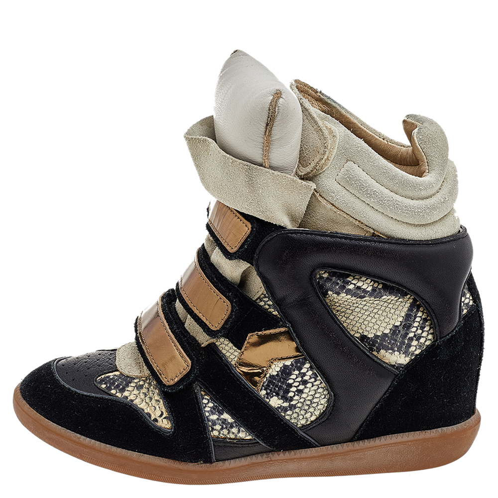 

Isabel Marant Black/Grey Suede and Python Embossed Leather Beckett Wedge Sneakers Size