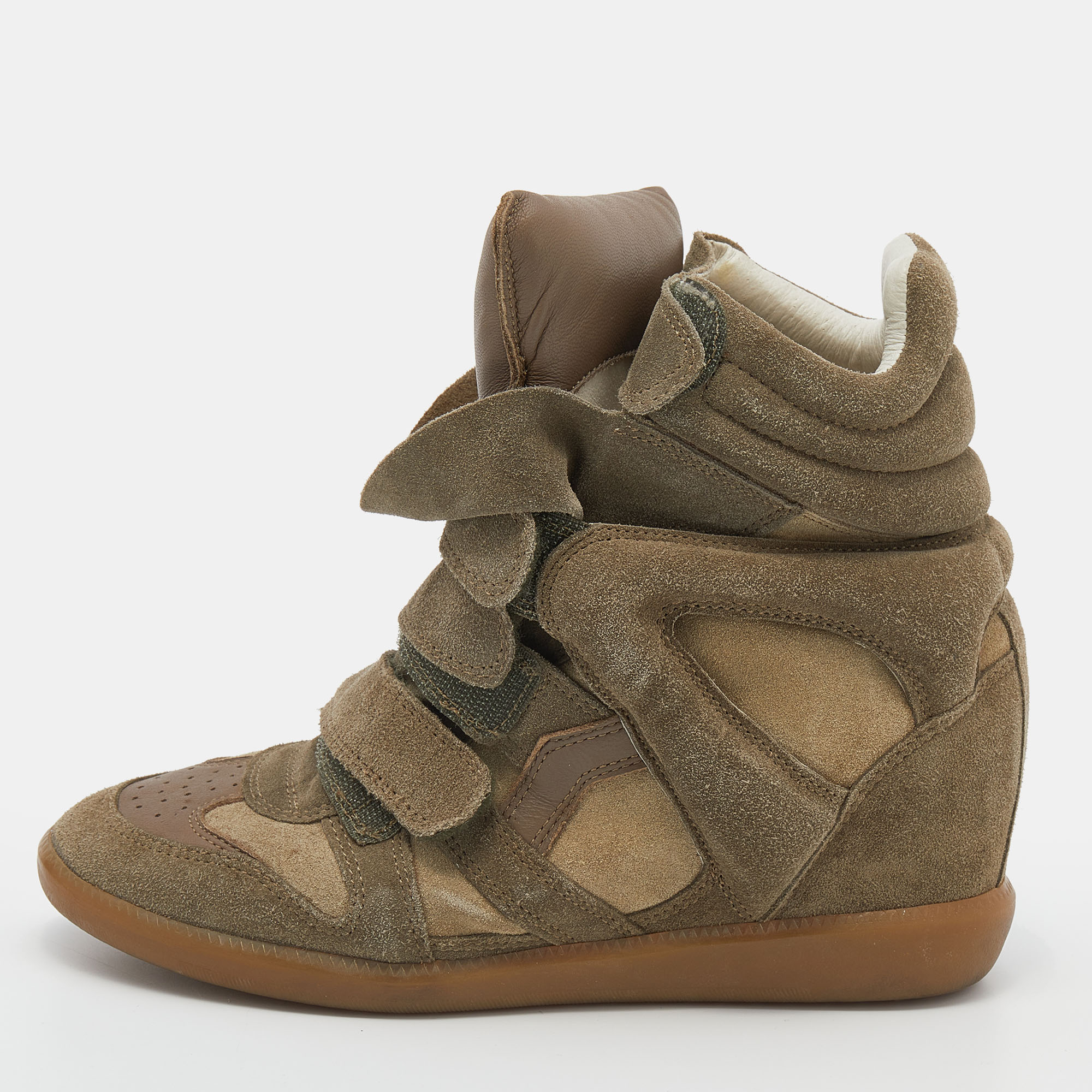 Pre-owned Isabel Marant Olive Green/brown Suede And Leather Bekett Wedge High Top Sneakers Size 38