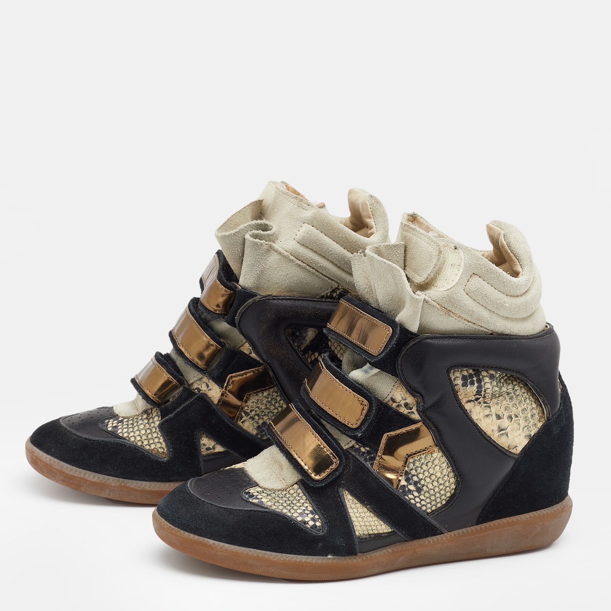 

Isabel Marant Multicolor Suede And Python Embossed Leather Beckett Wedge High Top Sneakers Size