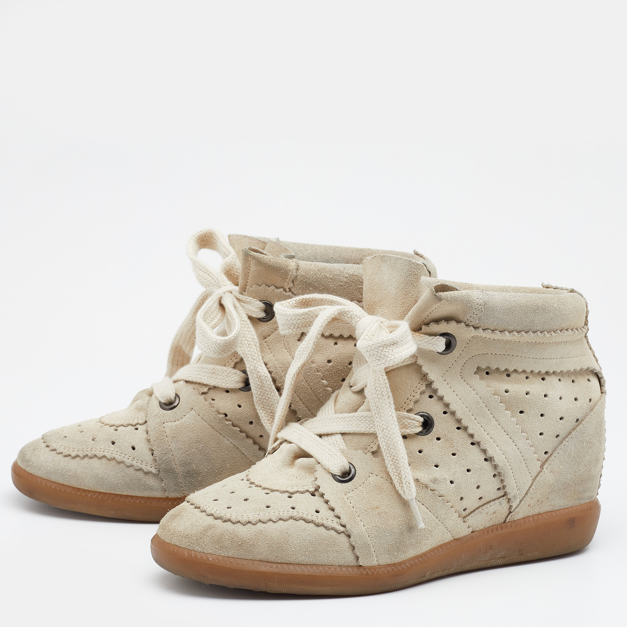 

Isabel Marant Cream Perforated Suede Wedge Sneakers Size