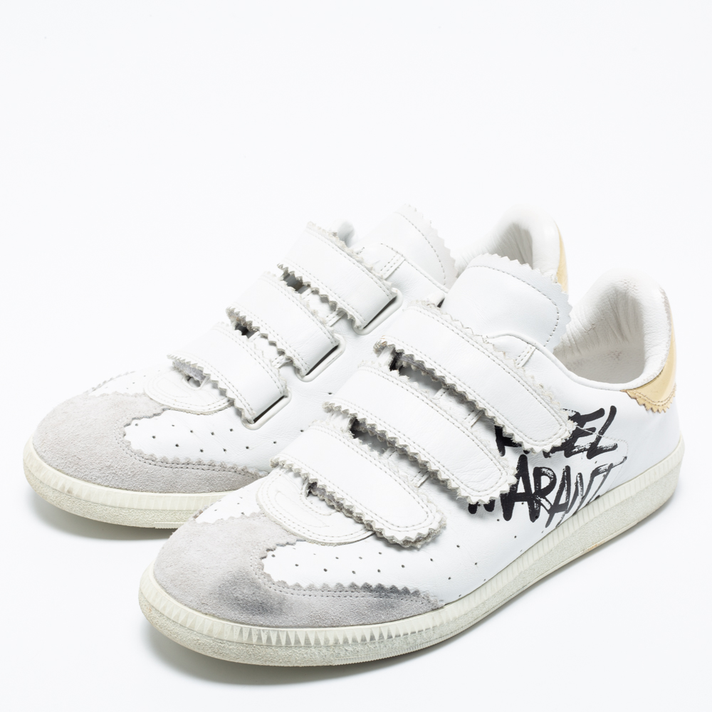 

Isabel Marant White/Gold Leather And Suede Étoile Beth Graffiti Low Top Sneakers Size