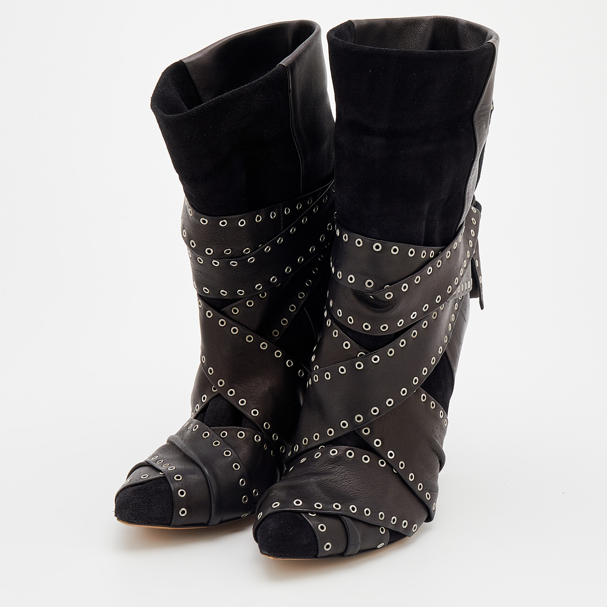 

Isabel Marant Black Leather And Suede Eyelet Embellished Ankle Wrap Boots Size