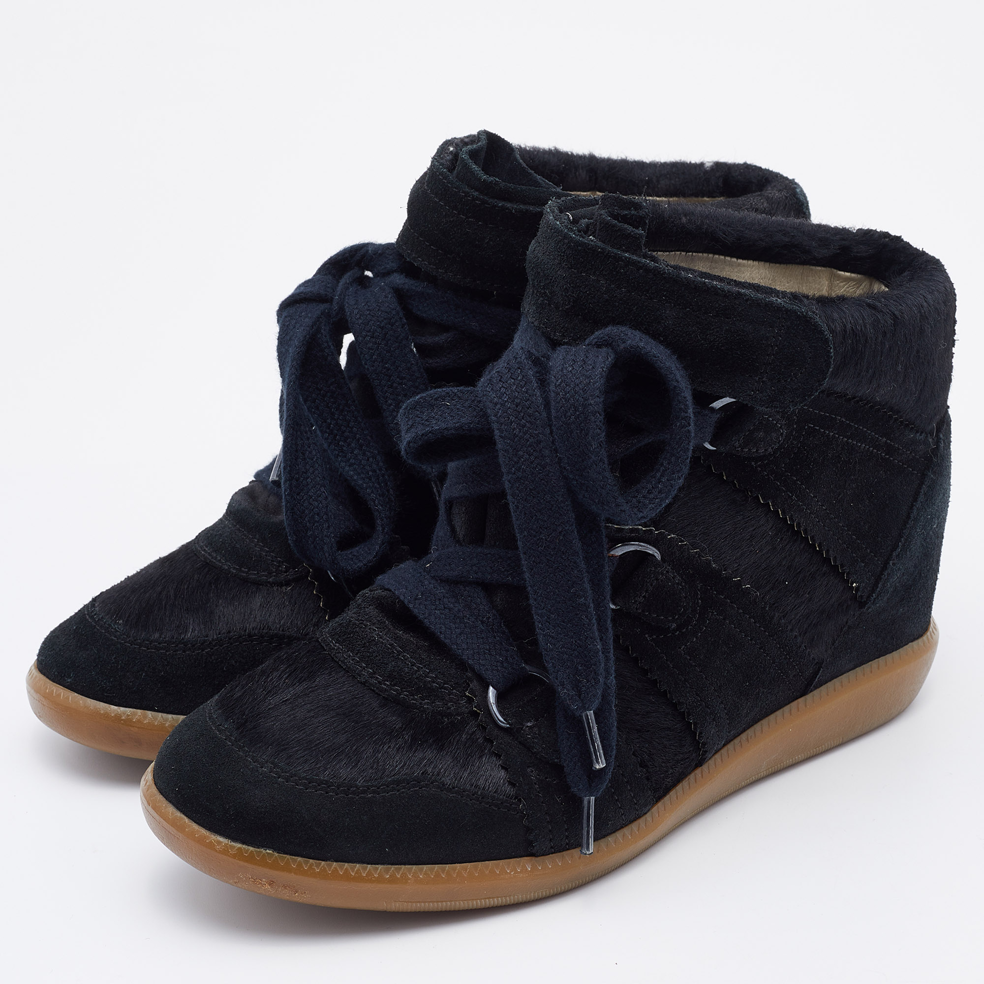 

Isabel Marant Black Suede and Calf Hair Wedge Lace Up Sneakers Size