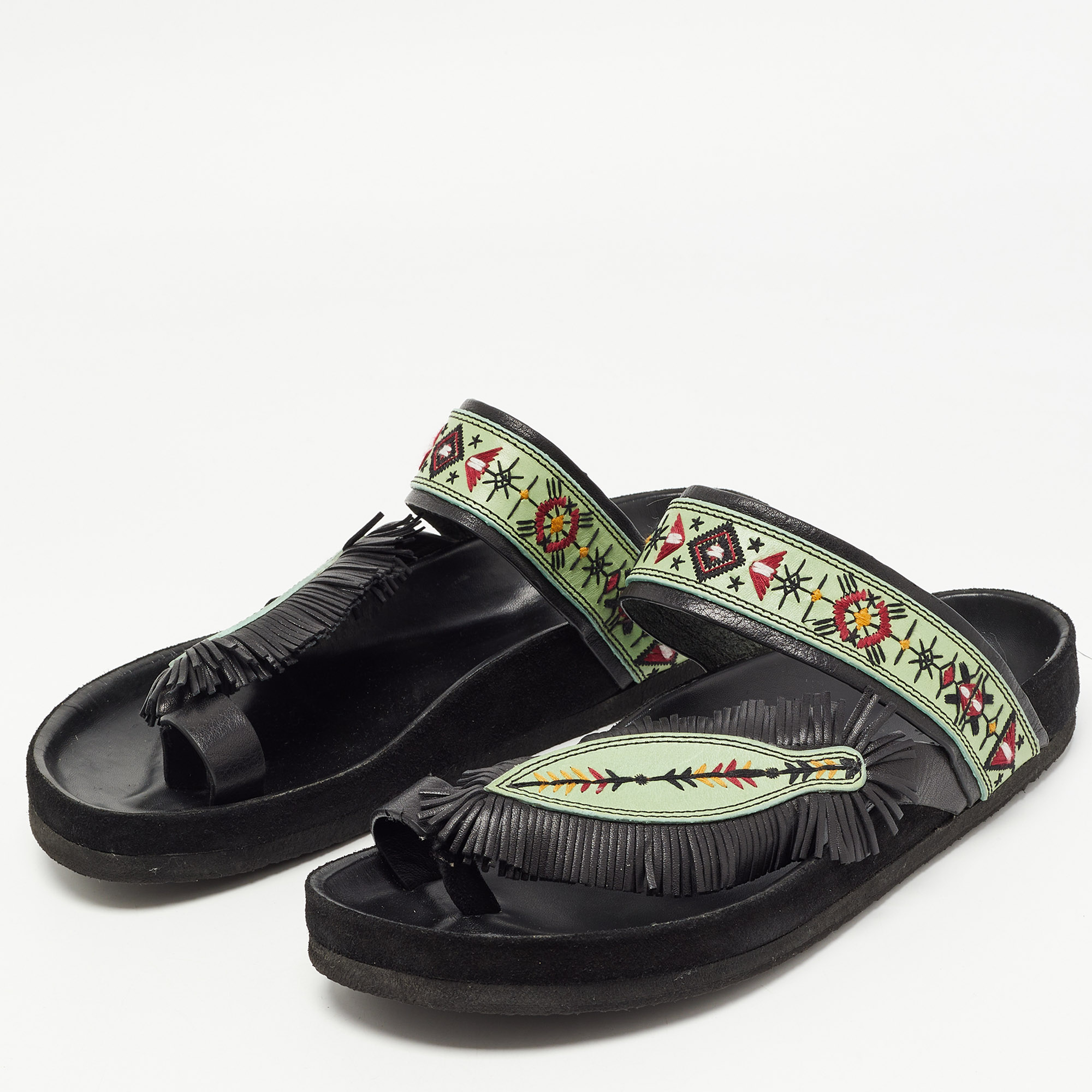 

Isabel Marant Green/Black Leather Embroidered Ebann Slides Size