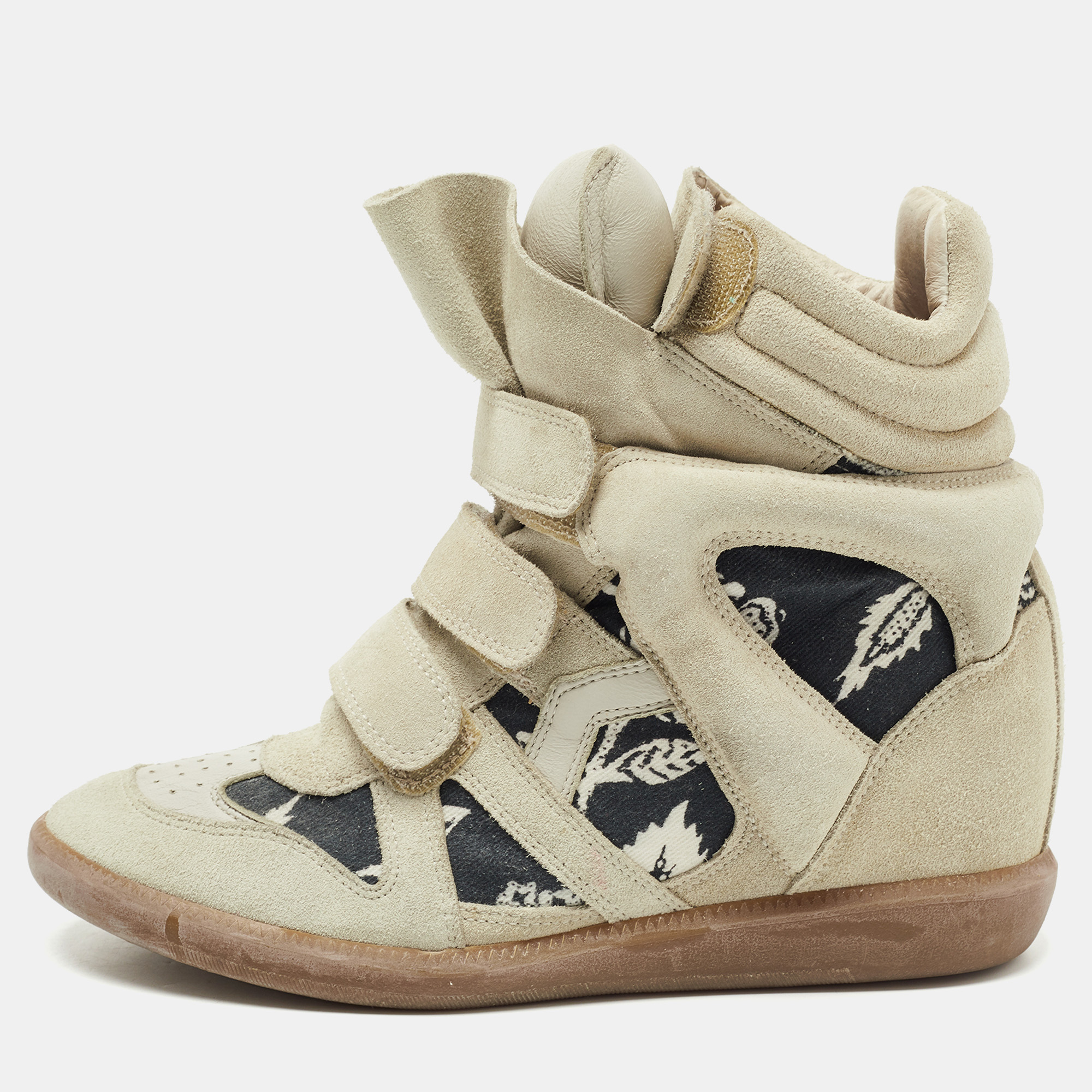 Pre-owned Isabel Marant Tricolor Suede And Printed Canvas Bekett Wedge Sneakers Size 39 In Grey