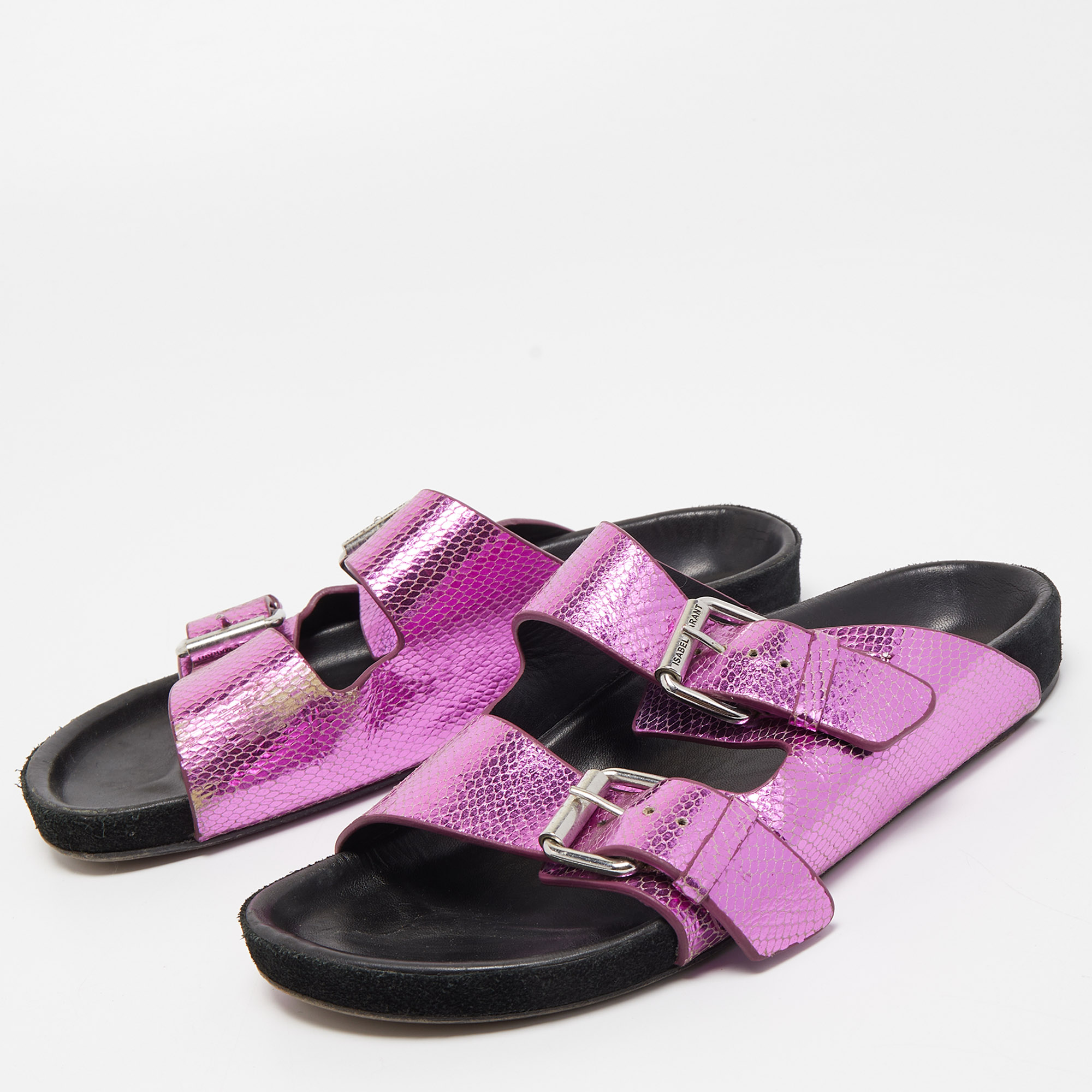 

Isabel Marant Purple/Black Snakeskin Embossed Leather Buckle Detail Flat Sandals Size