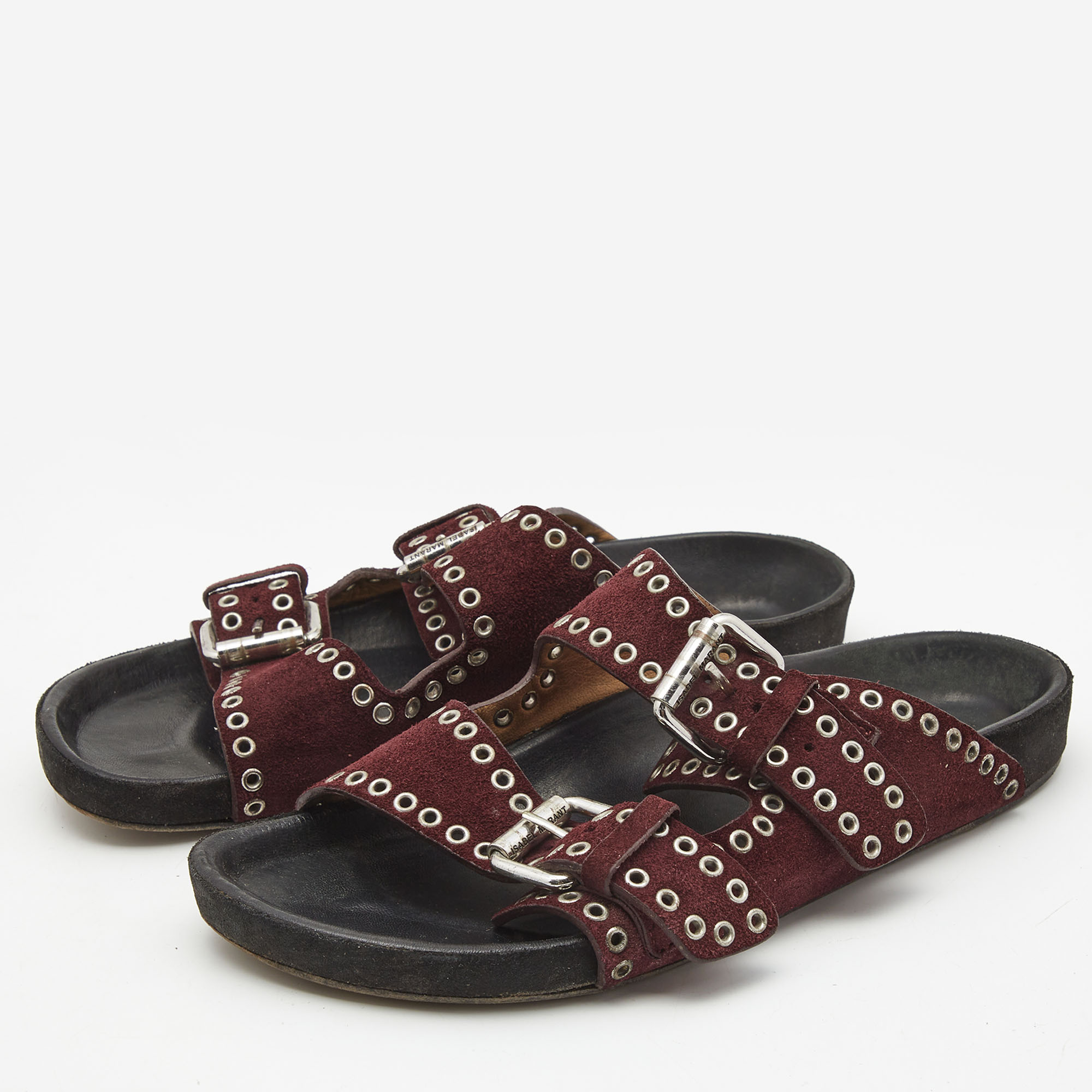 

Isabel Marant Burgundy Suede Lenny Eyelet Studded Slides Size