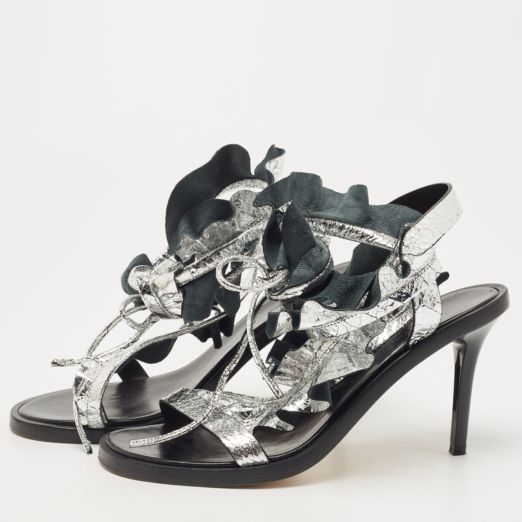 

Isabel Marant Silver Texture Leather Aseta Ankle Strap Sandals Size