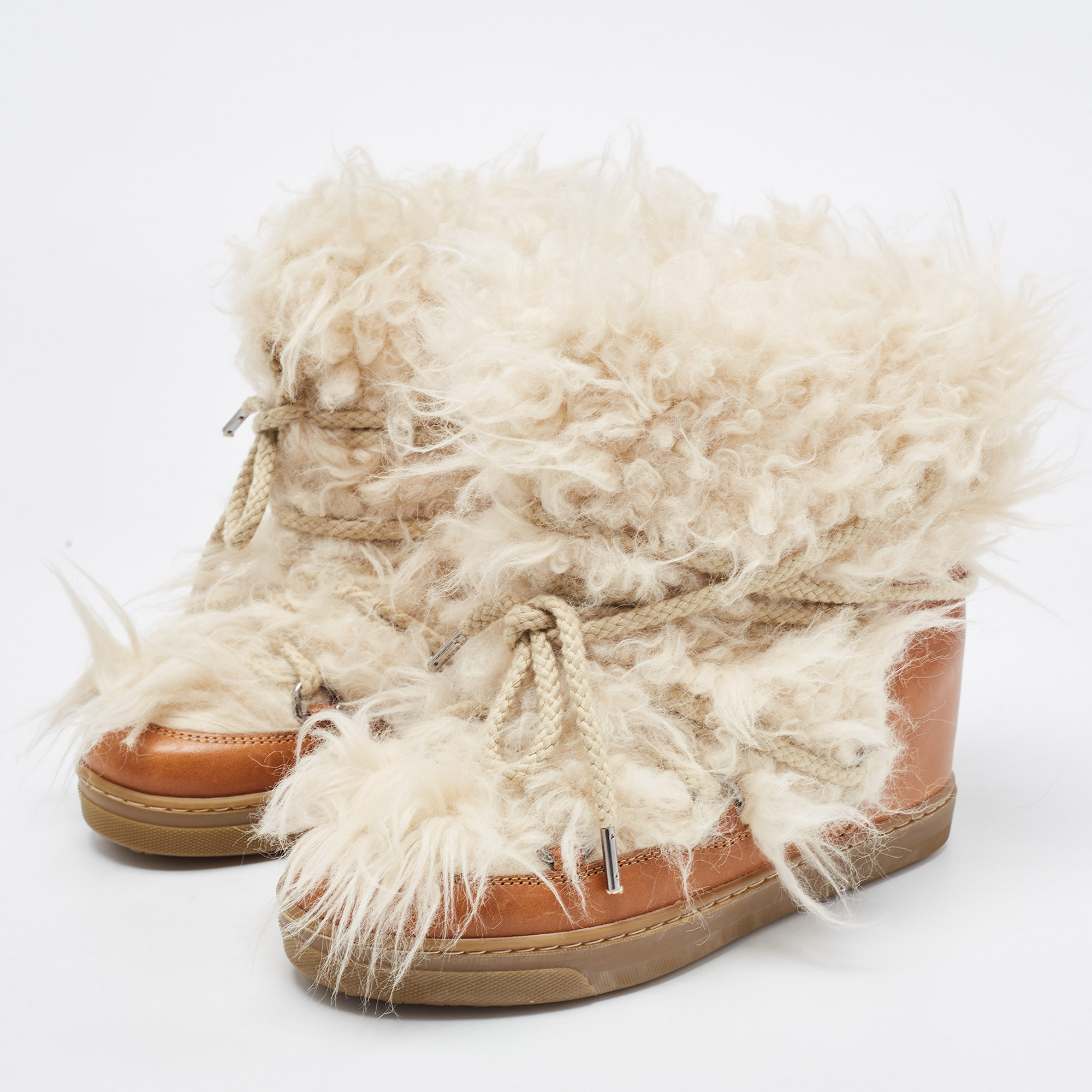 

Isabel Marant Beige/Brown Leather and Faux Fur Grizzly Nowles Ankle Boots Size