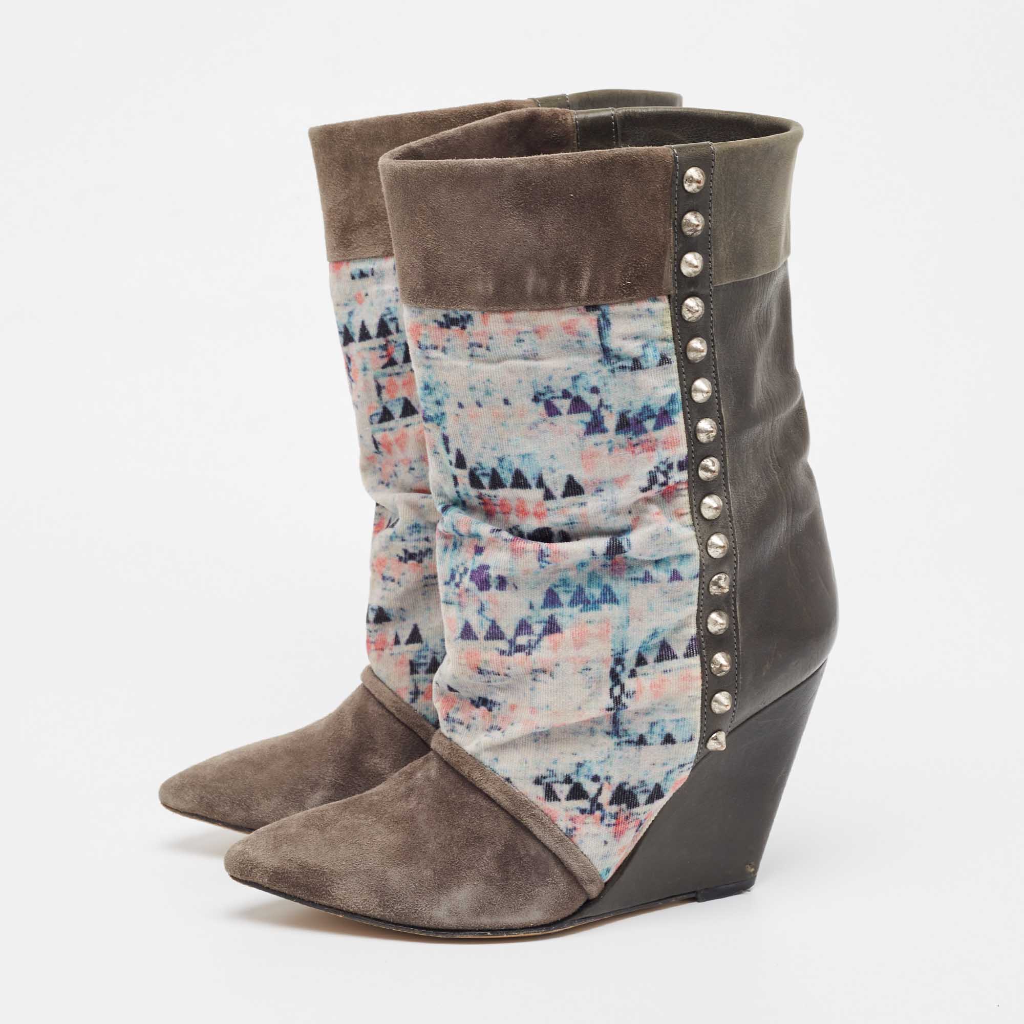 

Isabel Marant Grey Suede, Leather and Corduroy Kate Wedge Ankle Boots Size