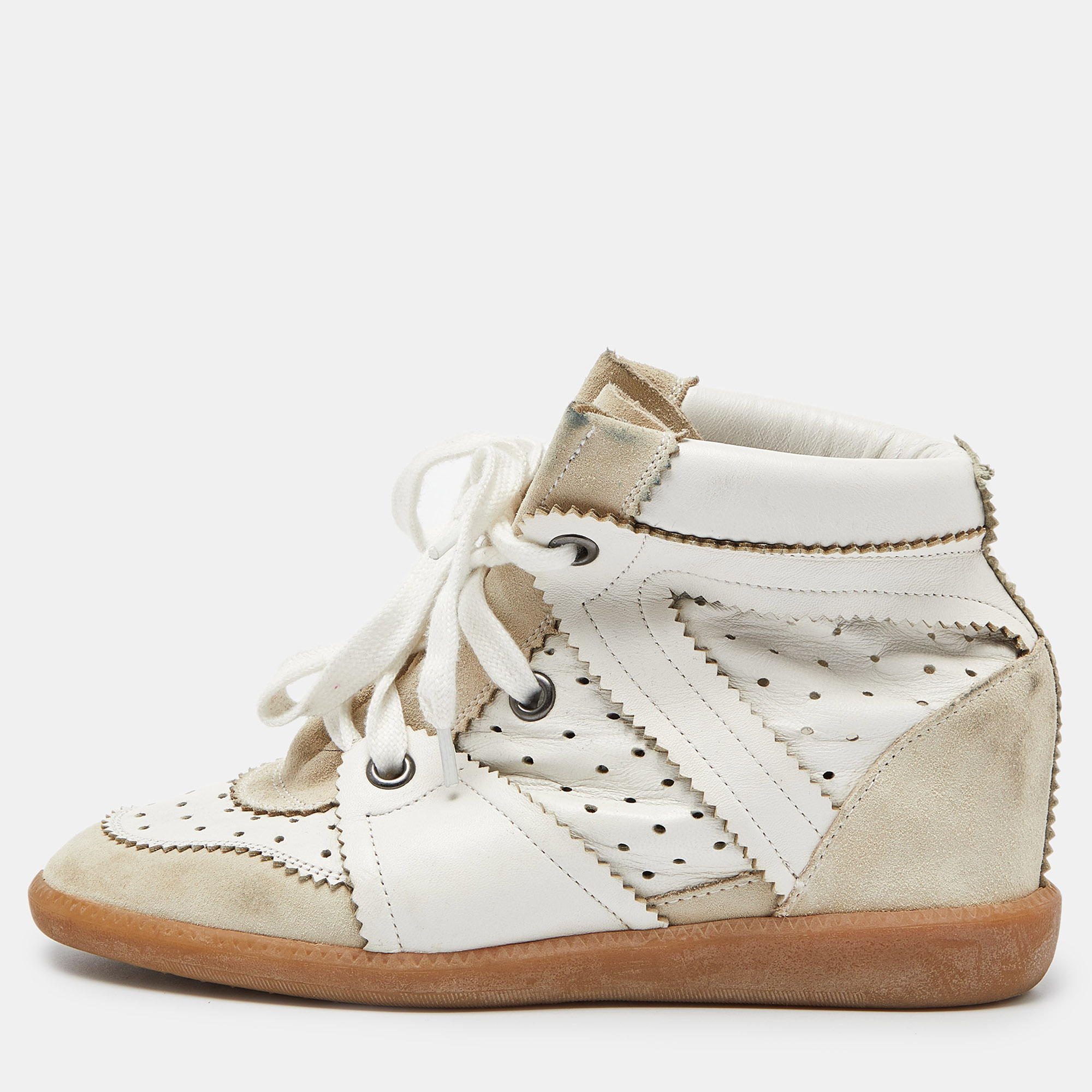 Pre-owned Isabel Marant White/cream Perforated Leather And Suede Baya Wedge Sneakers Size 39