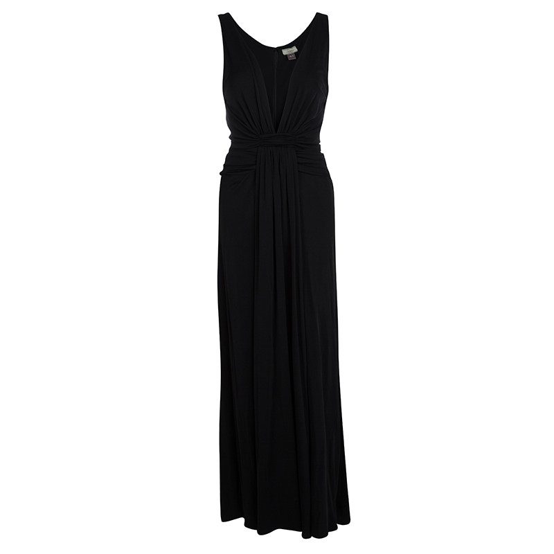 Pre Owned Issa Black Silk Jersey Plunged Neck Gathered Maxi Dress S