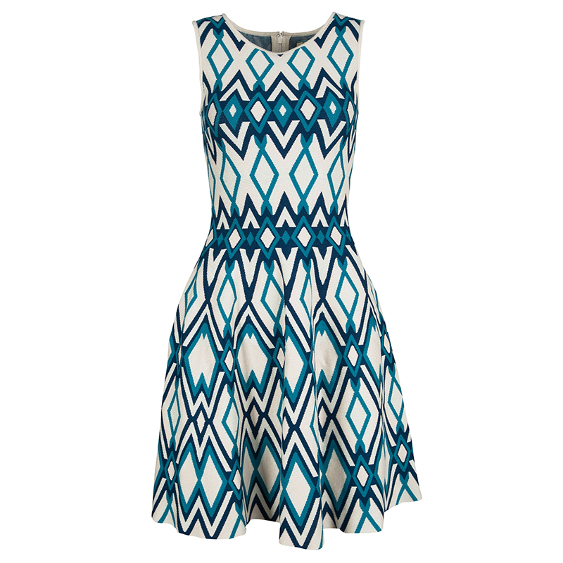 Issa Multicolor Knit Diamond Pattern Sleeveless Fit and Flare Dress S