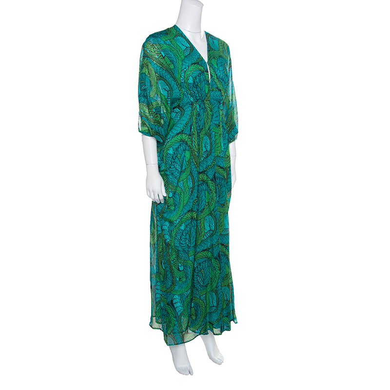 

Issa Green Printed Silk Zip Front Ruched Maxi Dress