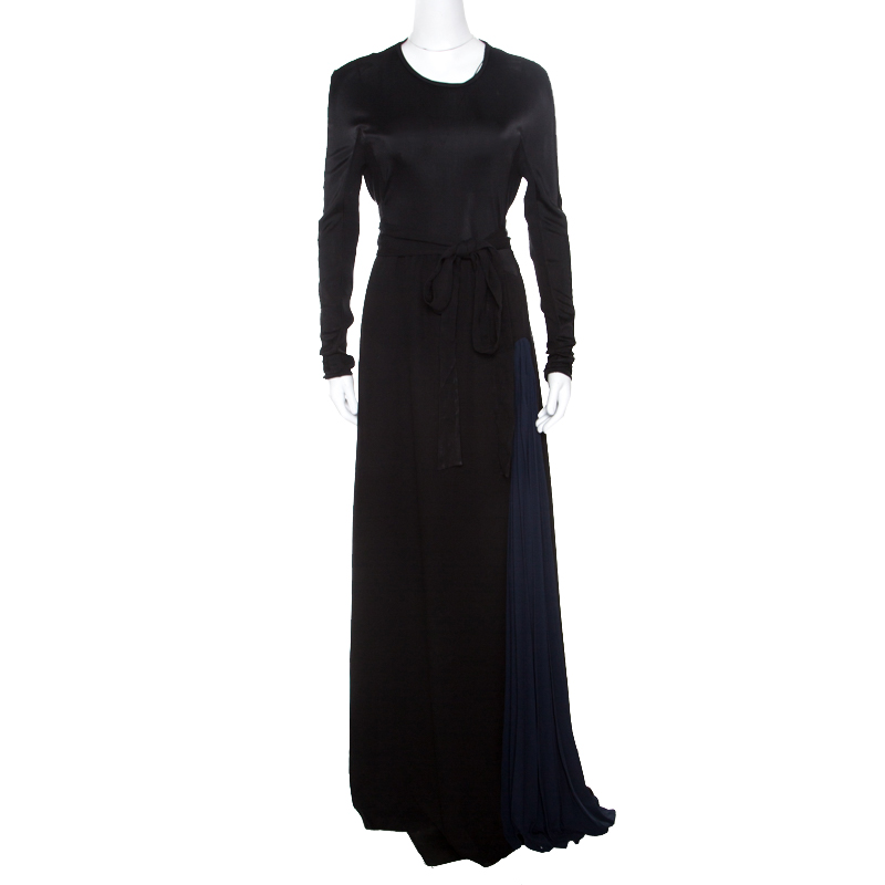 Pre Owned فستان عيسى ماكسي جورجت مزدوج فانكا هيفي بليسيه متباين أسود M