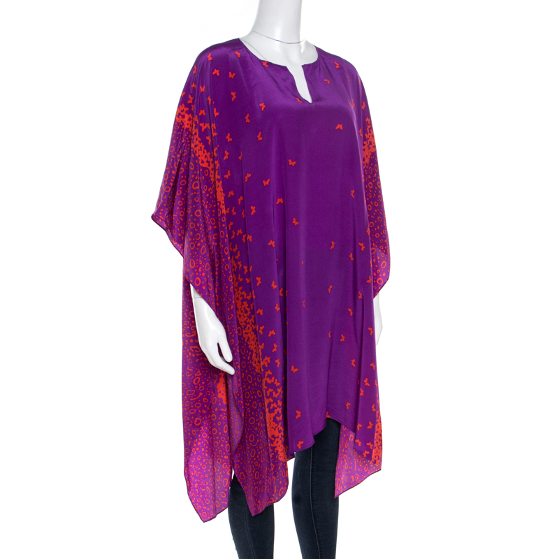 

Issa London Purple Butterfly Printed Silk Beach Cover Up Kaftan