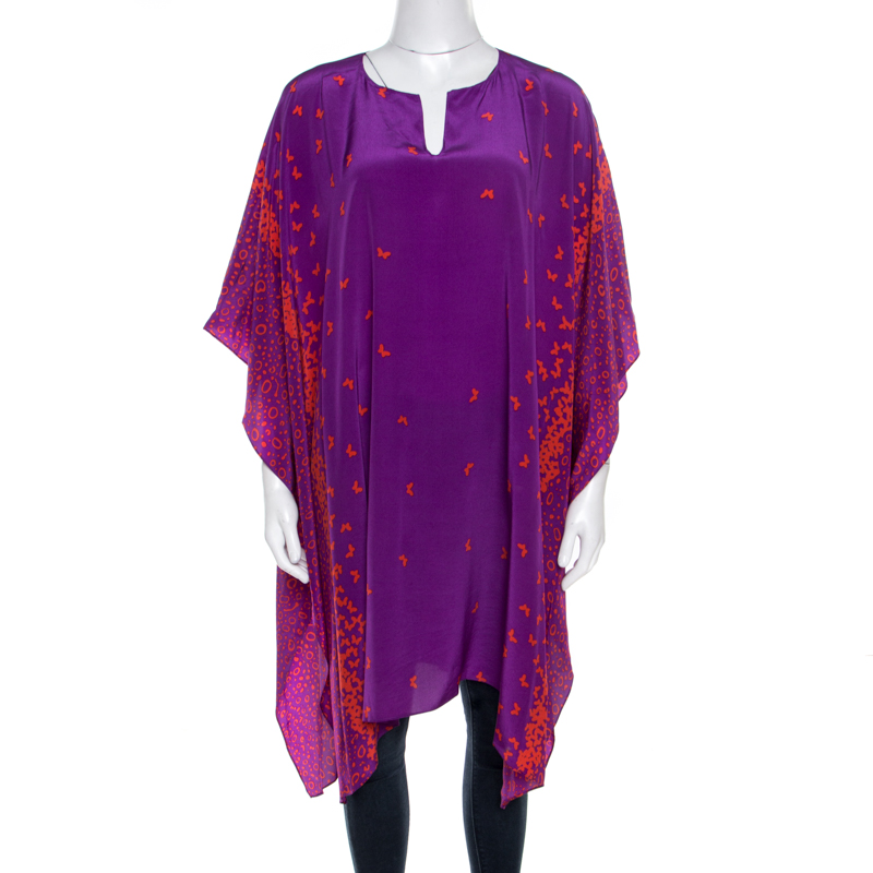 Issa London Purple Butterfly Printed Silk Beach Cover Up Kaftan ( One Size )