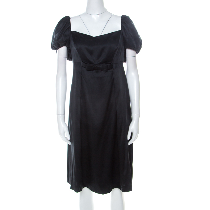 

Issa Black Silk Puff Sleeve Front Bow Detail Short Dress