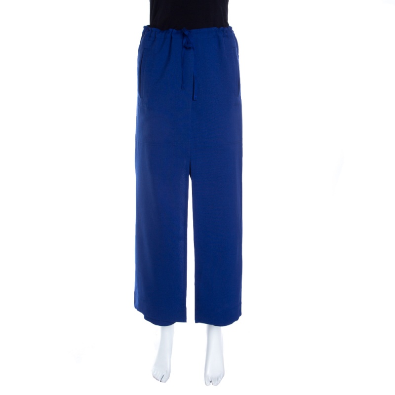 Issey Miyake Blue Split Tie Front Elasticized Waist Loose Pants S