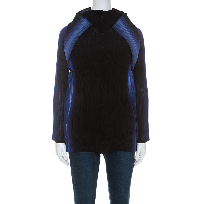 Pre Owned Issey Miyake Bicolor Pleated Long Sleeve Collared Top M