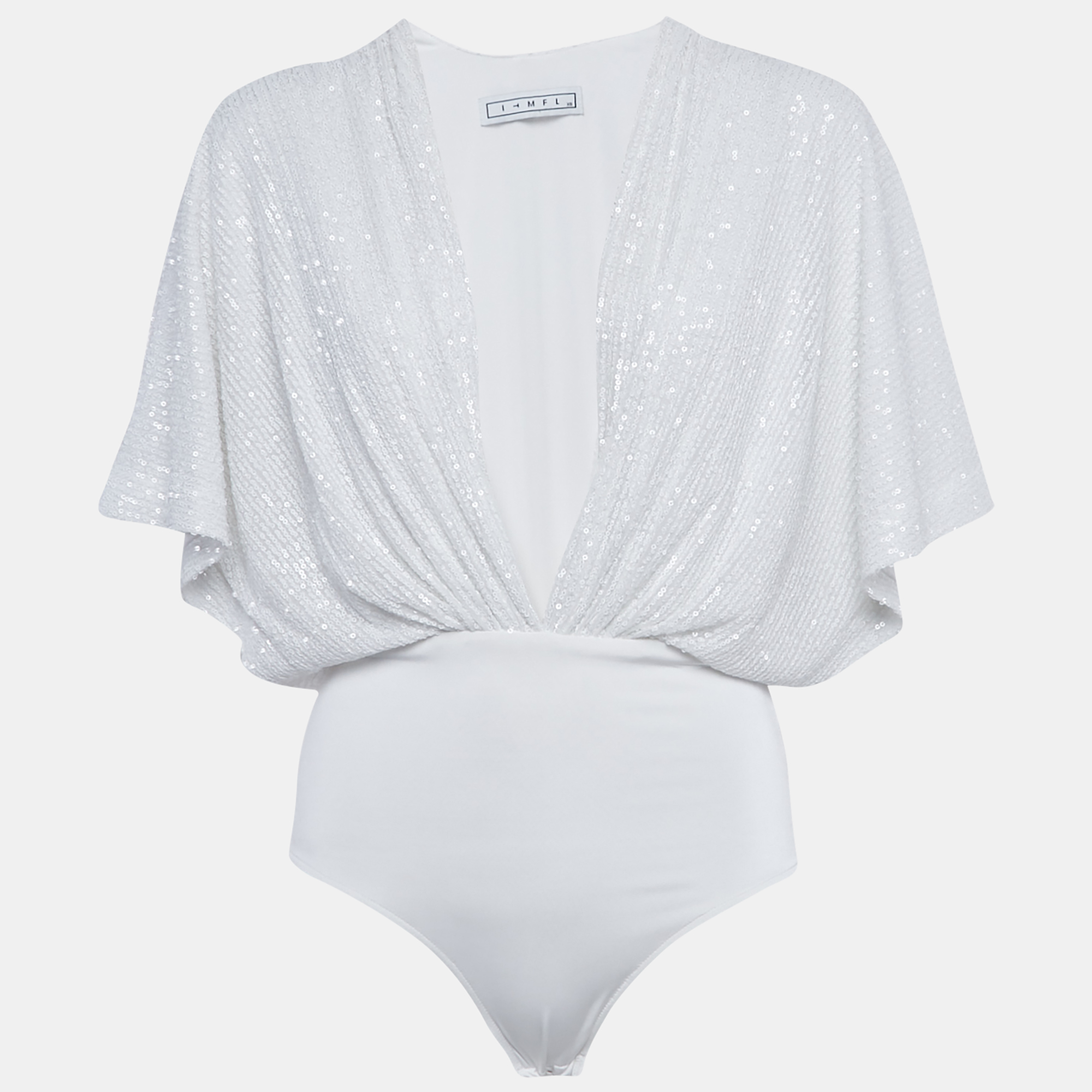Pre-owned Itmfl White Sequin Plunge Neck Bodysuit Xs