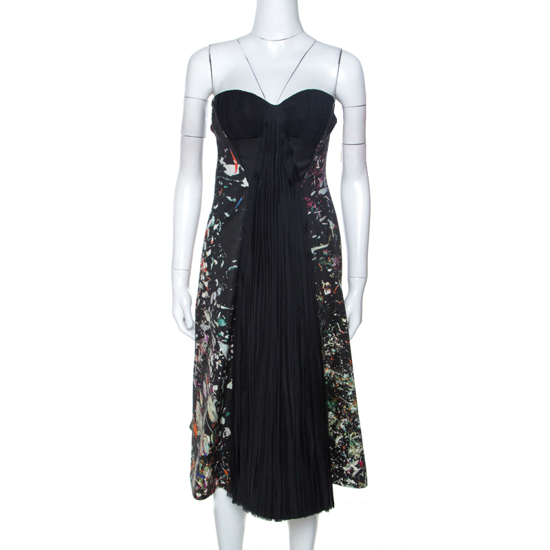 

J Mendel Multicolor Printed Crepe Front Pleat Detail Strapless Dress