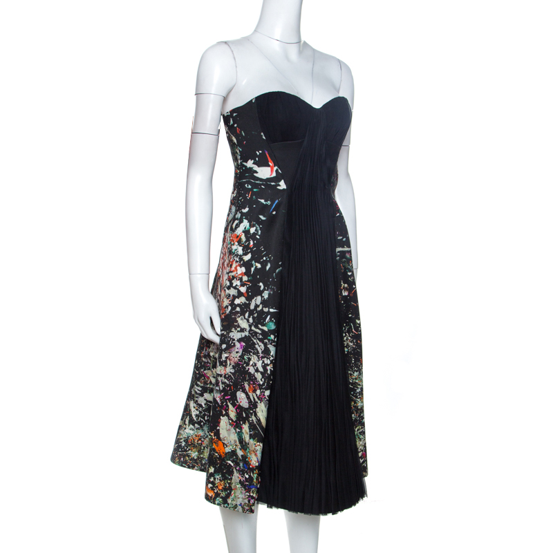 Pre-owned J Mendel Multicolor Printed Crepe Front Pleat Detail Strapless Dress S