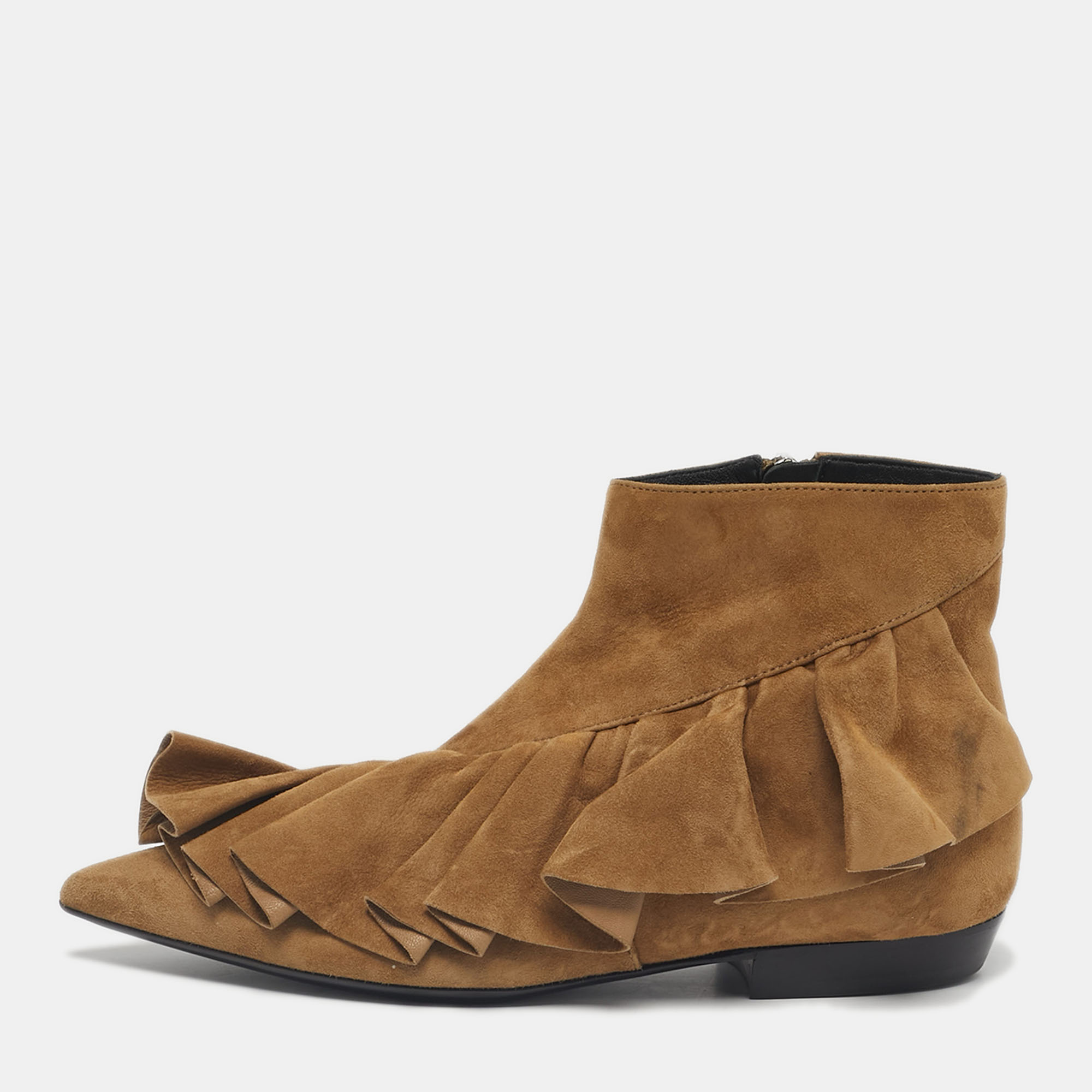 Pre-owned Jw Anderson J.w. Anderson Brown Suede Ruffle Ankle Boots Size 36