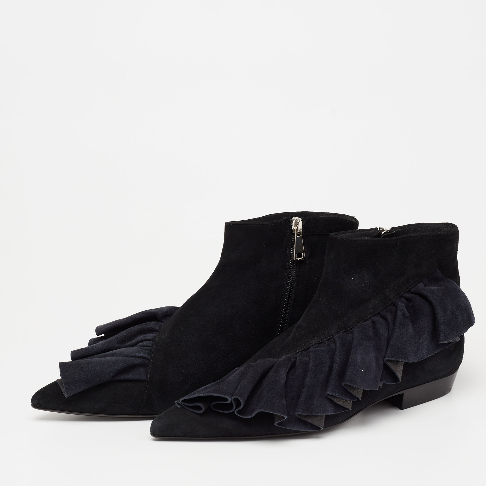 

J.W.Anderson Black/Navy Blue Suede Frill Detail Ankle Boots Size