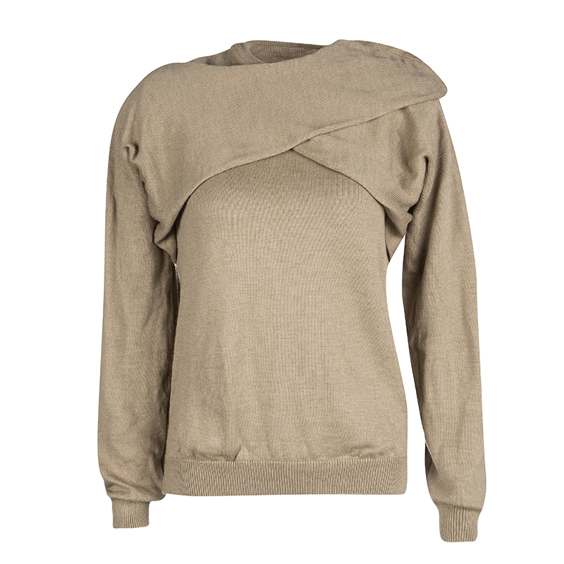 Pre Owned J.W.Anderson Brown Merino Wool Draped Overlap Shoulder Detail Sweater L