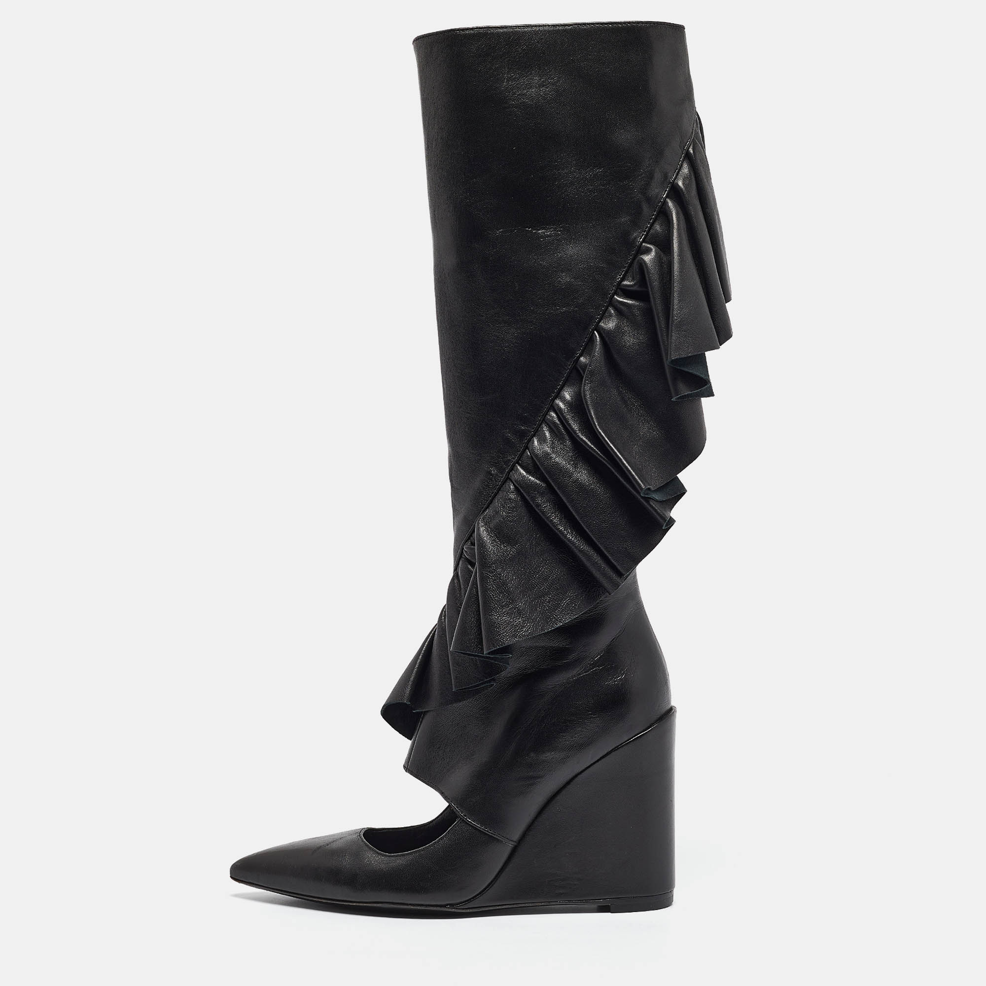 

J.W. Anderson Black Leather Ruffle Knee Length Wedge Boots Size