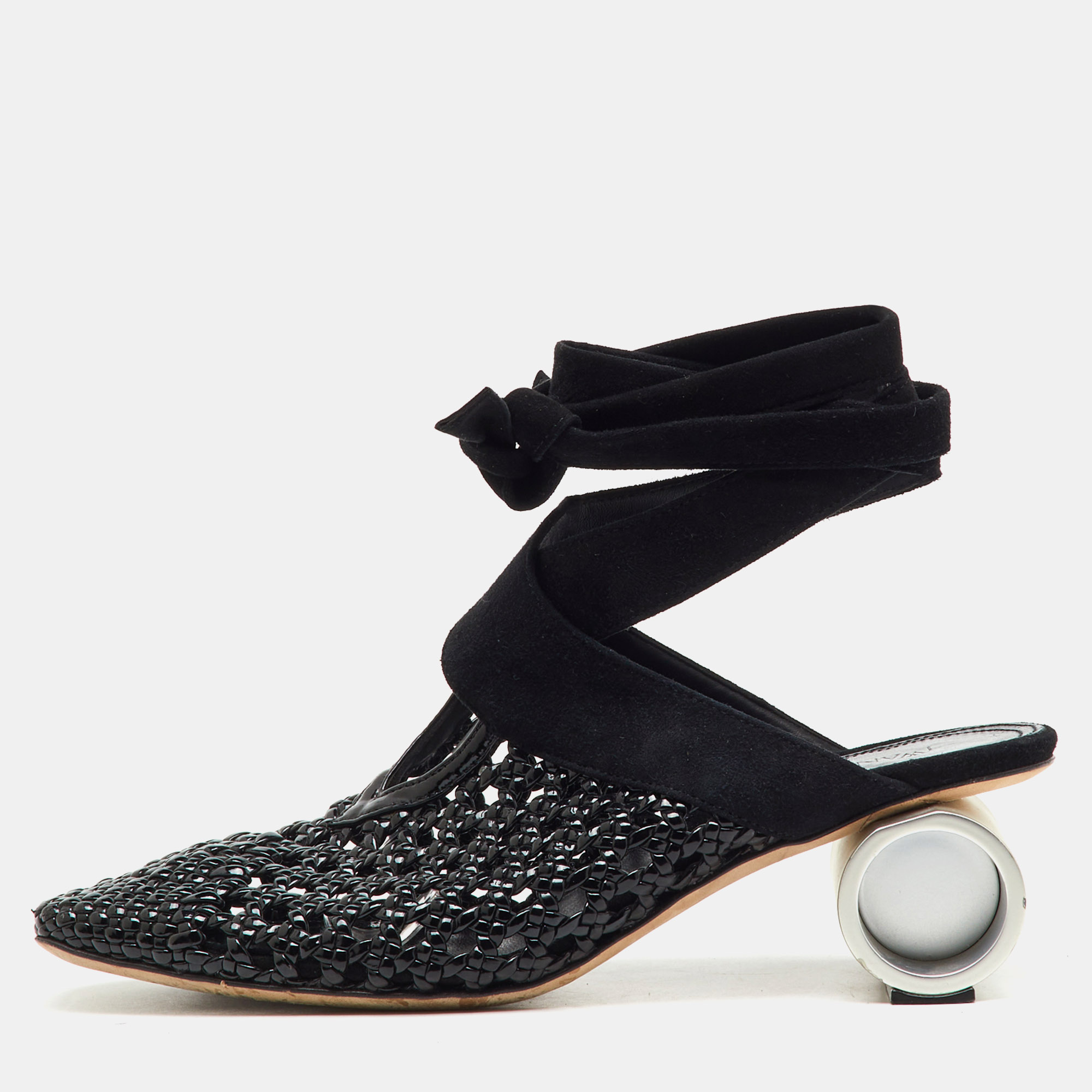 

J.W.Anderson Black Woven Patent Leather and Suede Cylinder Heel Ankle Tie Mules Size