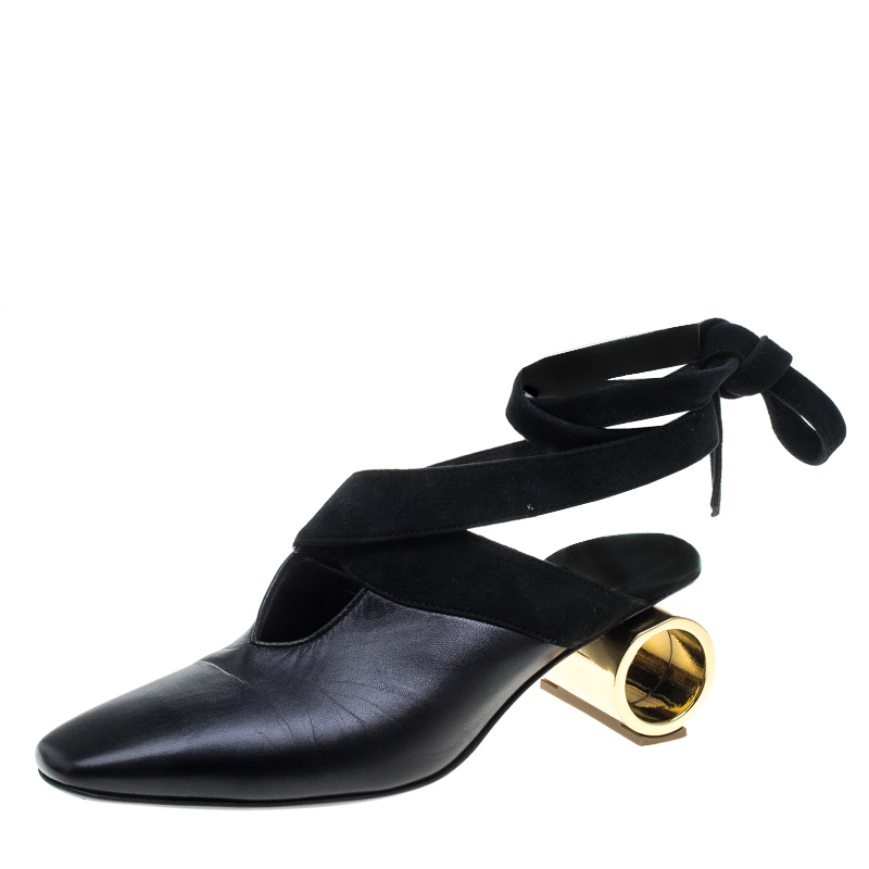 J.W.Anderson Black Leather Ankle Tie Cylindrical Heel Mules Size 37