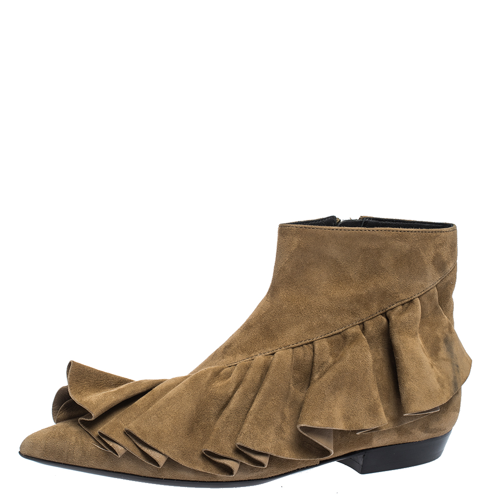 

J.W.Anderson Brown Suede Leather Frill Detail Ankle Boots Size