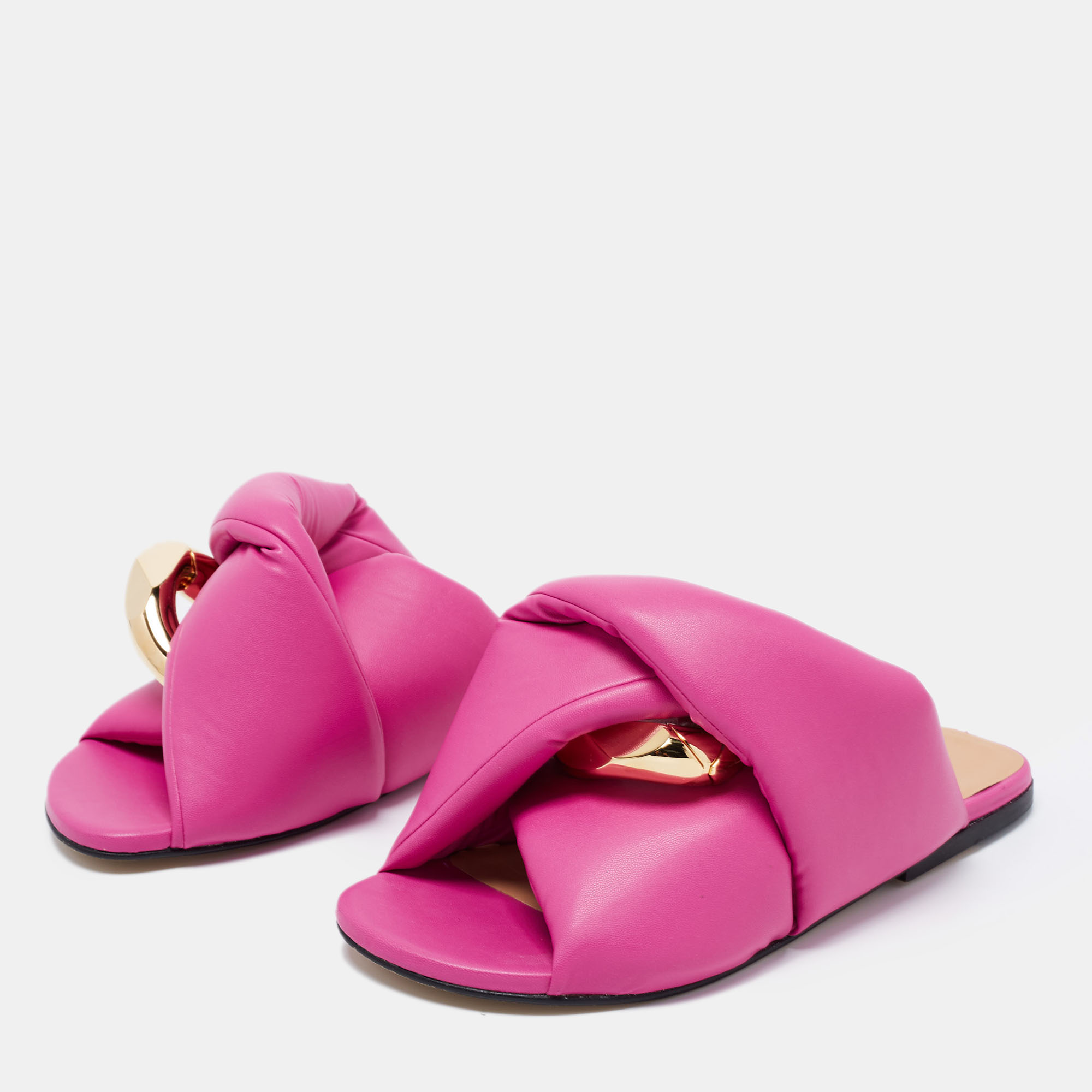 

JW Anderson Pink Leather Chain Flats Slides Size