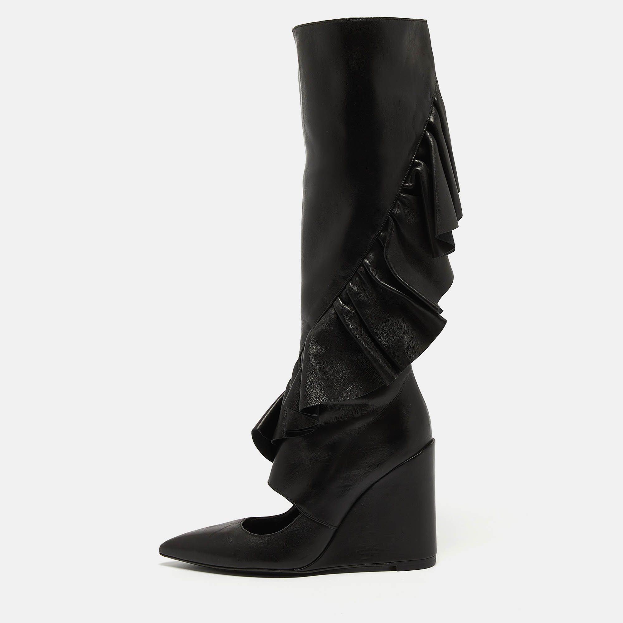 

J.W.Anderson Black Leather Ruffle Knee Length Boots Size