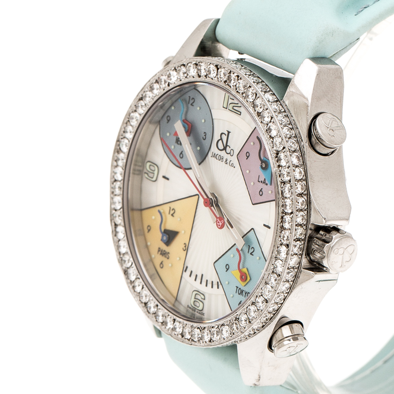 

Jacob & Co. Multicolor Mother of Pearl Stainless Steel Diamond Five Time Zones Women's Wristwatch, Blue