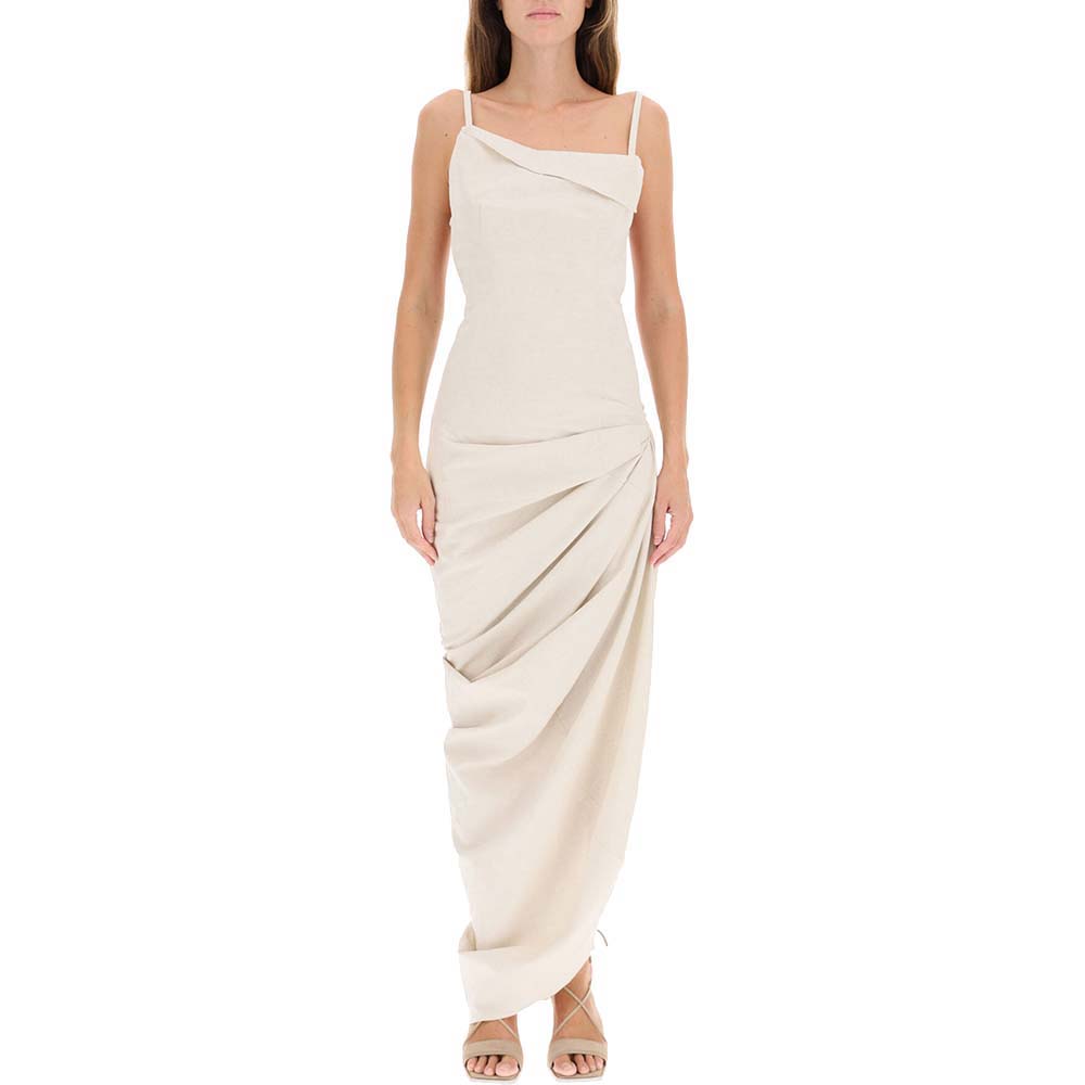 

Jacquemus Beige Cotton-Linen Blend Asymmetric Ruched Dress Size FR 38