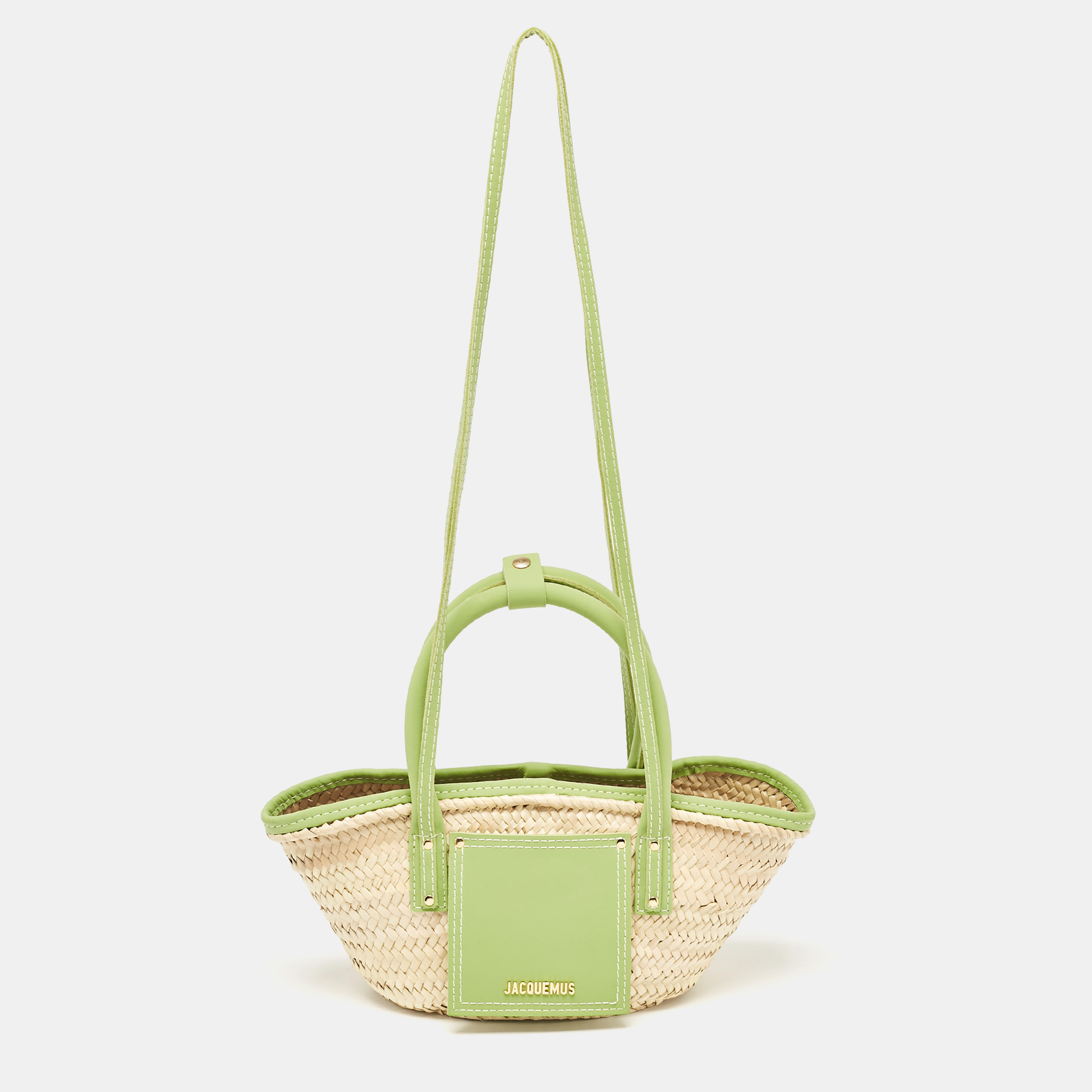 

Jacquemus Green/Cream Woven Raffia and Nubuck Leather Le Petit Panier Basket Tote