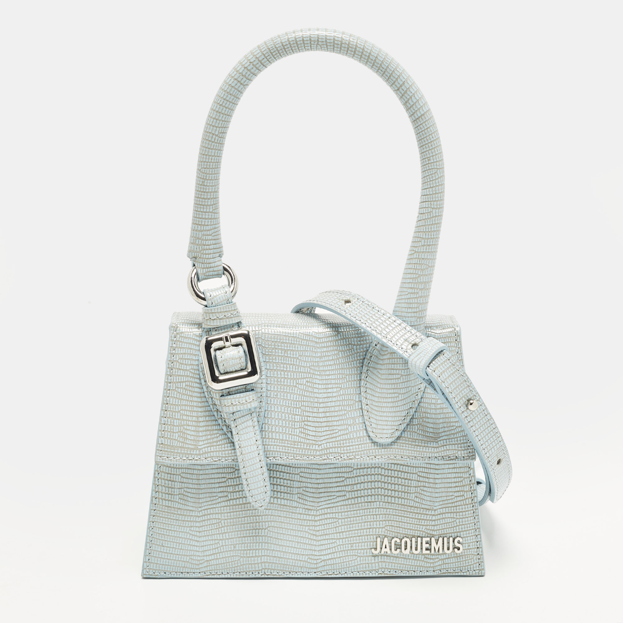 

Jacquemus Le Chiquito Moyen Boucle Light Blue Lizard Embossed Leather Top Handle Bag