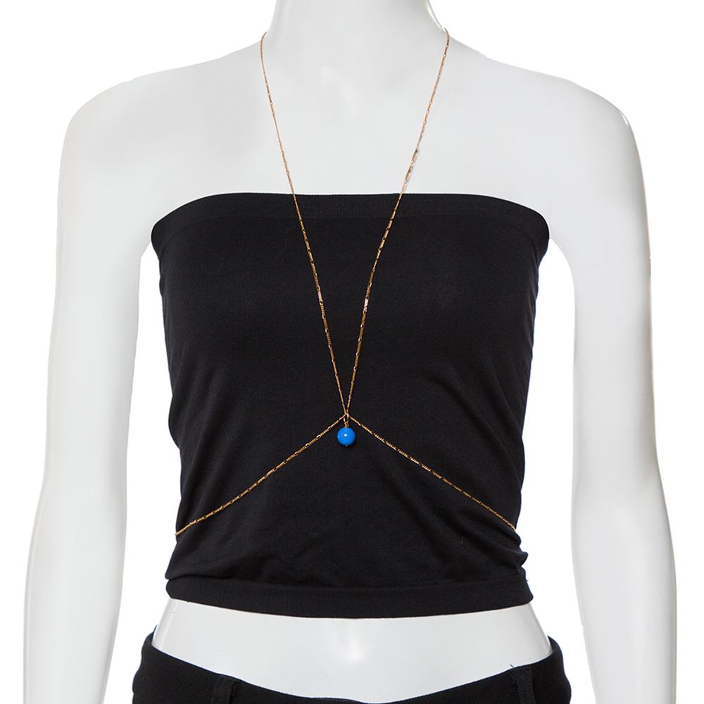 

Jacquemus Blue Bead Gold Tone Double Chain Necklace