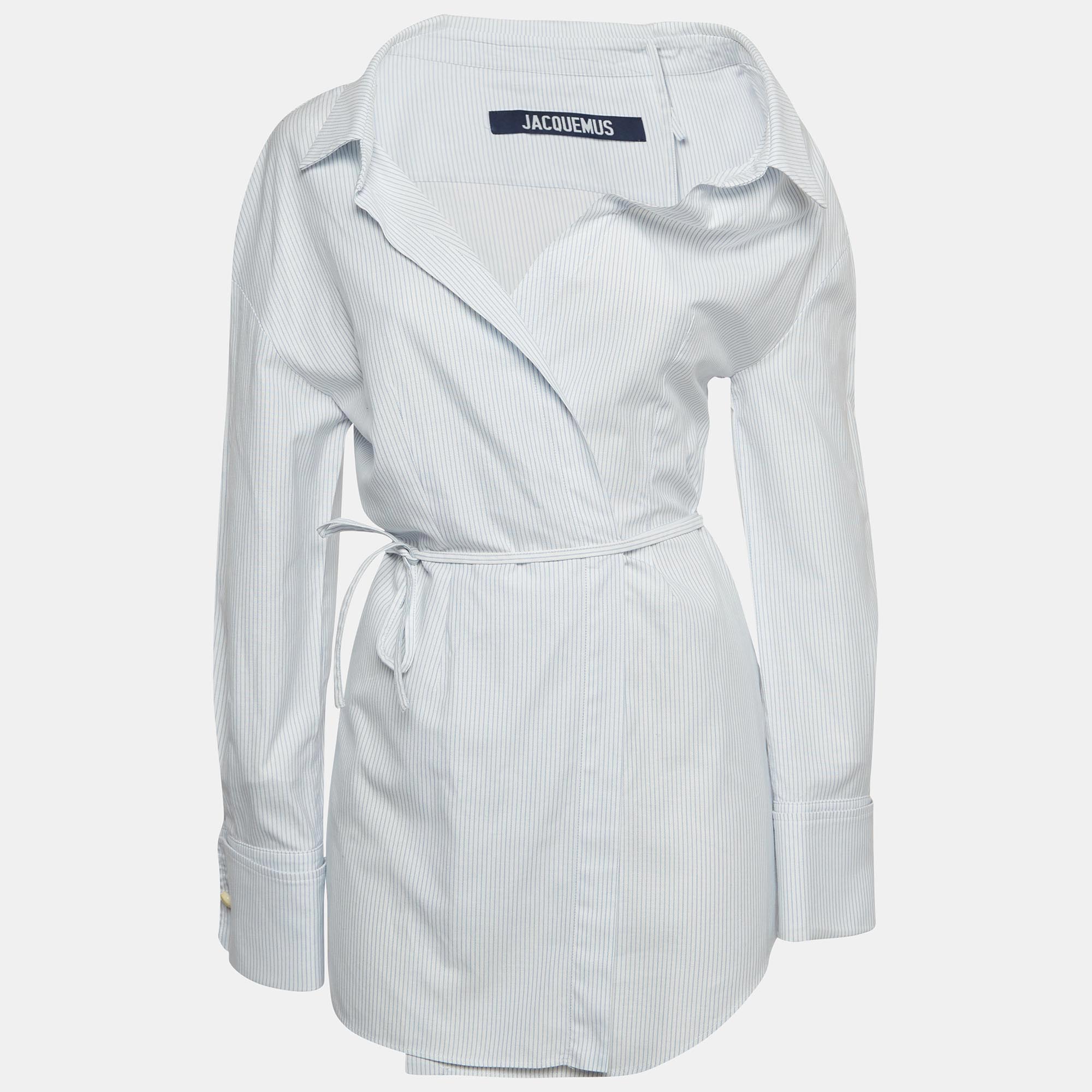 

Jacquemus White/Blue Pinstripe Cotton Asymmetric Mini Dress S, Black