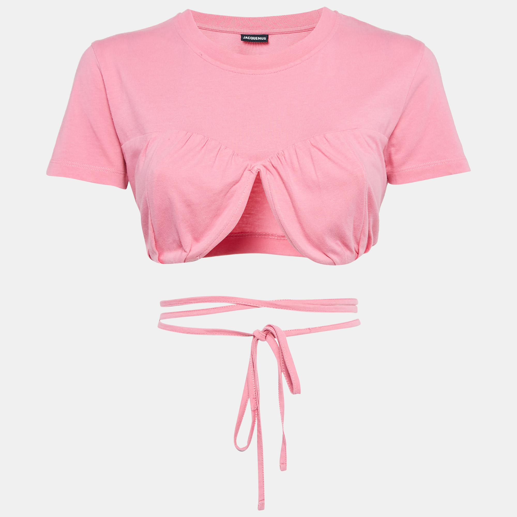 

Jacquemus Pink Cotton Knit Underwired Lace-Up Baci Crop Top XS