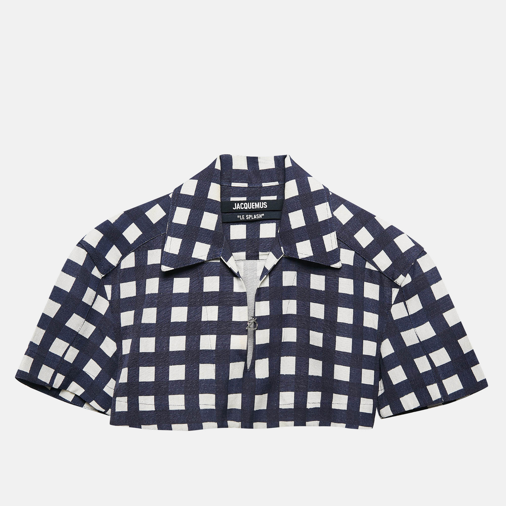 

Jacquemus Navy Blue Checkered Silk Blend Le Haut Bebi Crop Top XS